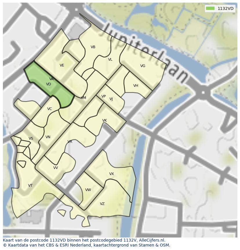 Afbeelding van het postcodegebied 1132 VD op de kaart.