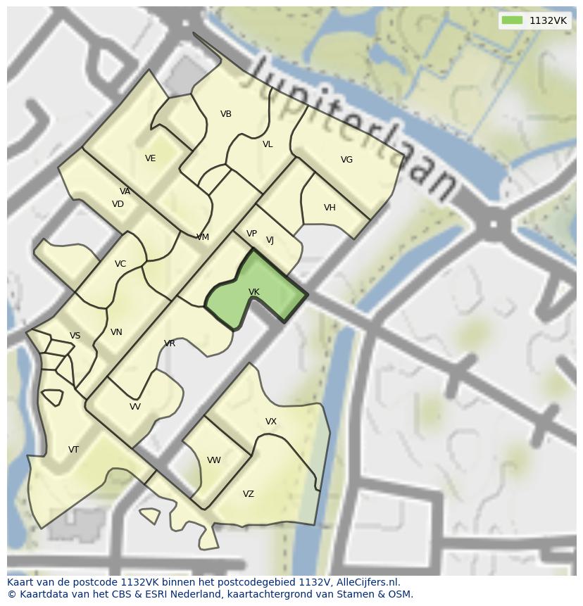 Afbeelding van het postcodegebied 1132 VK op de kaart.