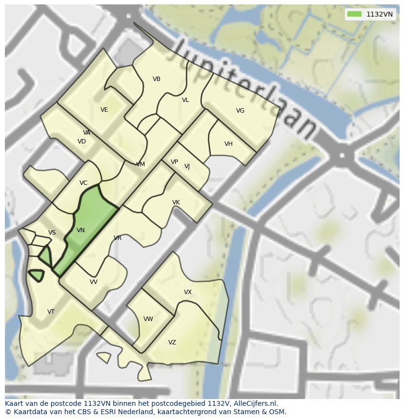 Afbeelding van het postcodegebied 1132 VN op de kaart.