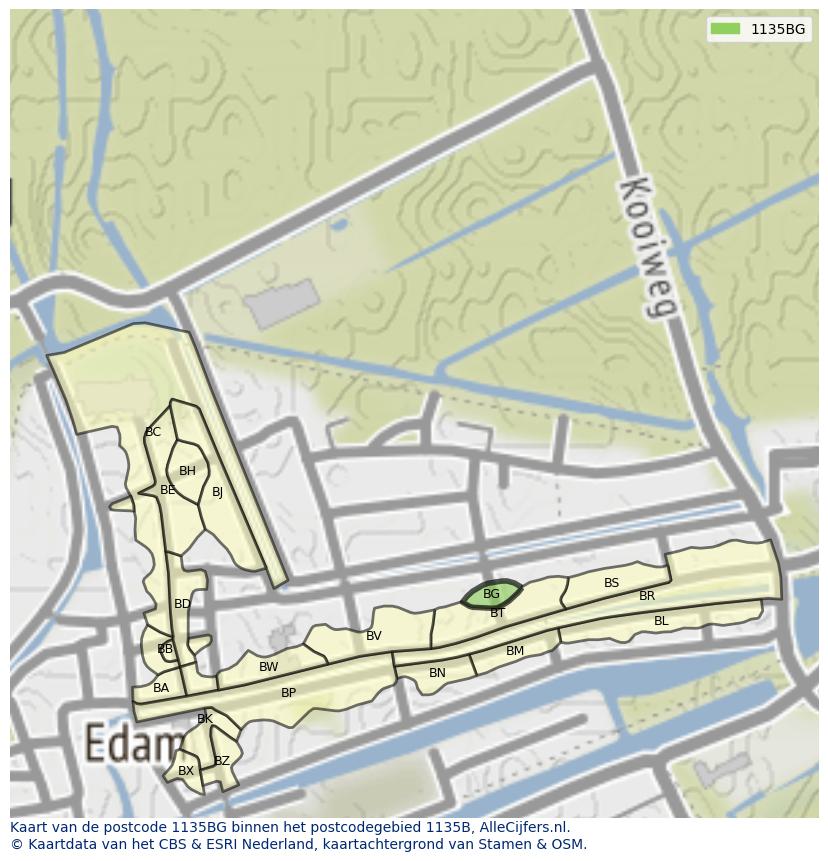 Afbeelding van het postcodegebied 1135 BG op de kaart.