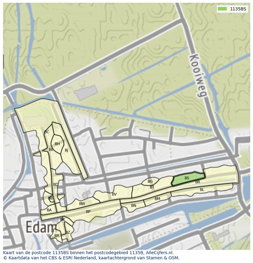 Afbeelding van het postcodegebied 1135 BS op de kaart.