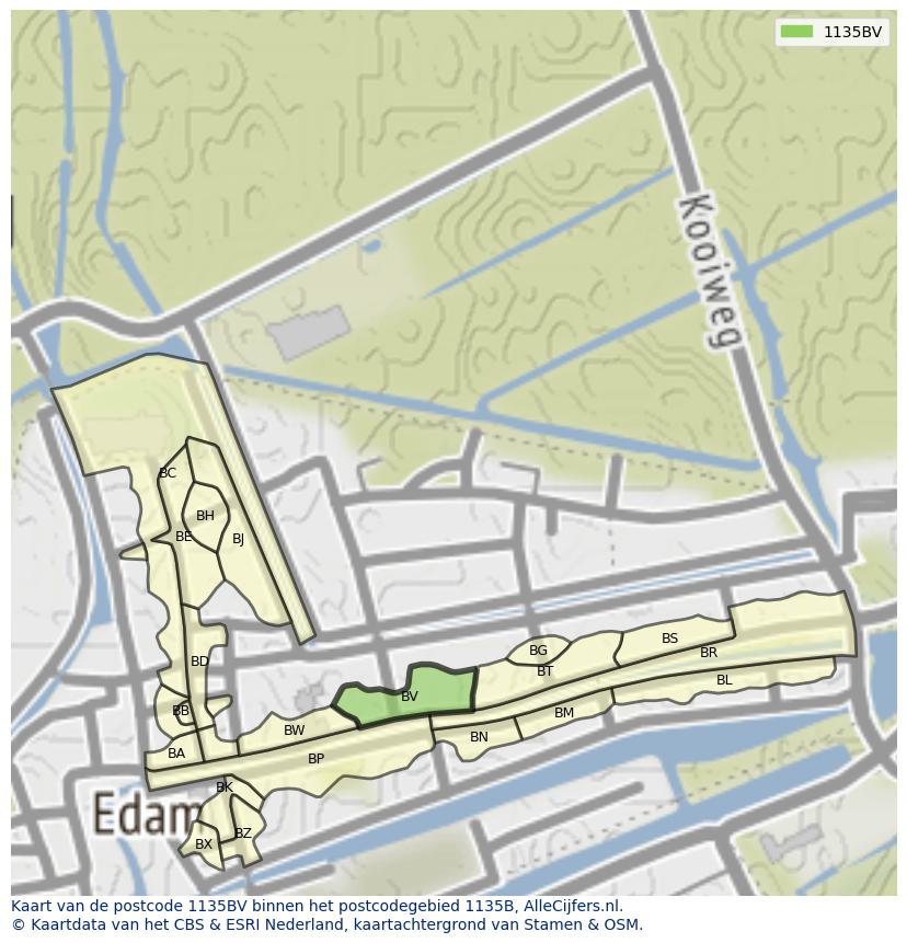 Afbeelding van het postcodegebied 1135 BV op de kaart.