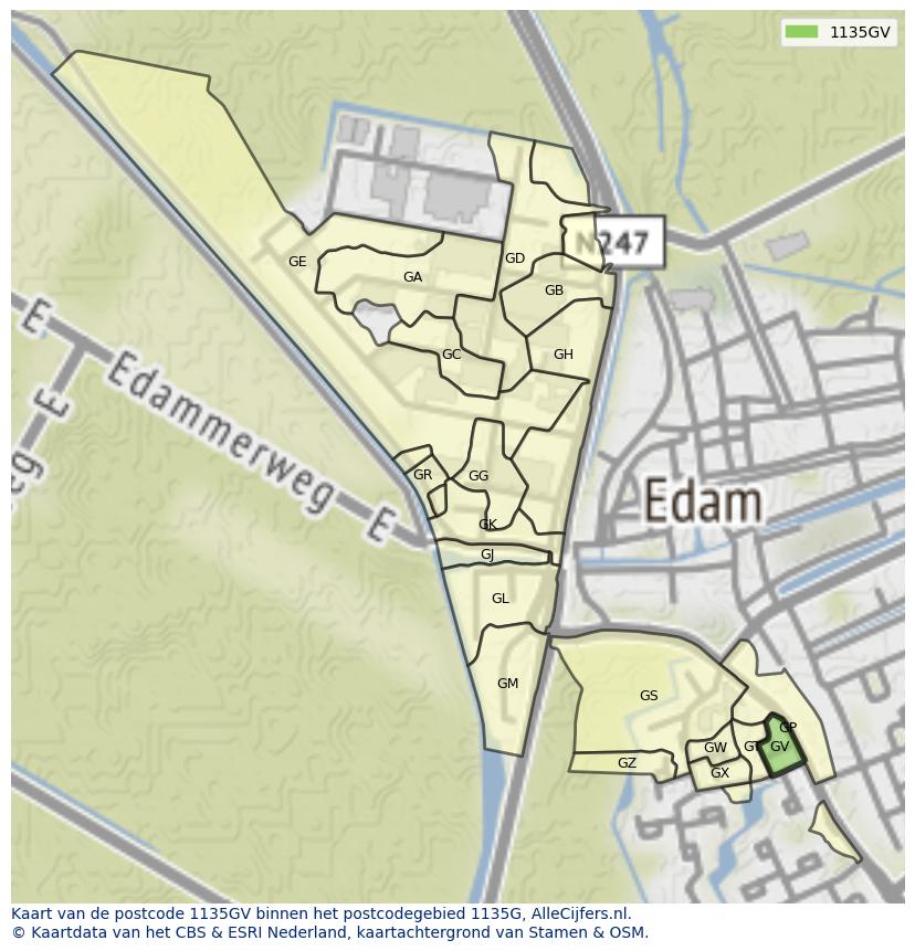 Afbeelding van het postcodegebied 1135 GV op de kaart.