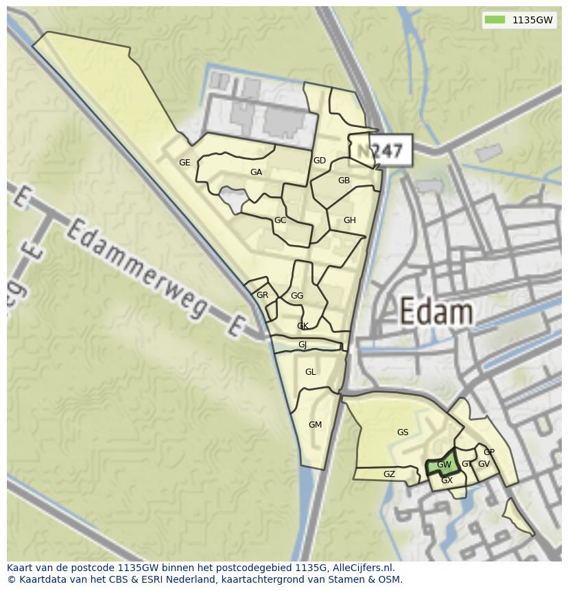 Afbeelding van het postcodegebied 1135 GW op de kaart.