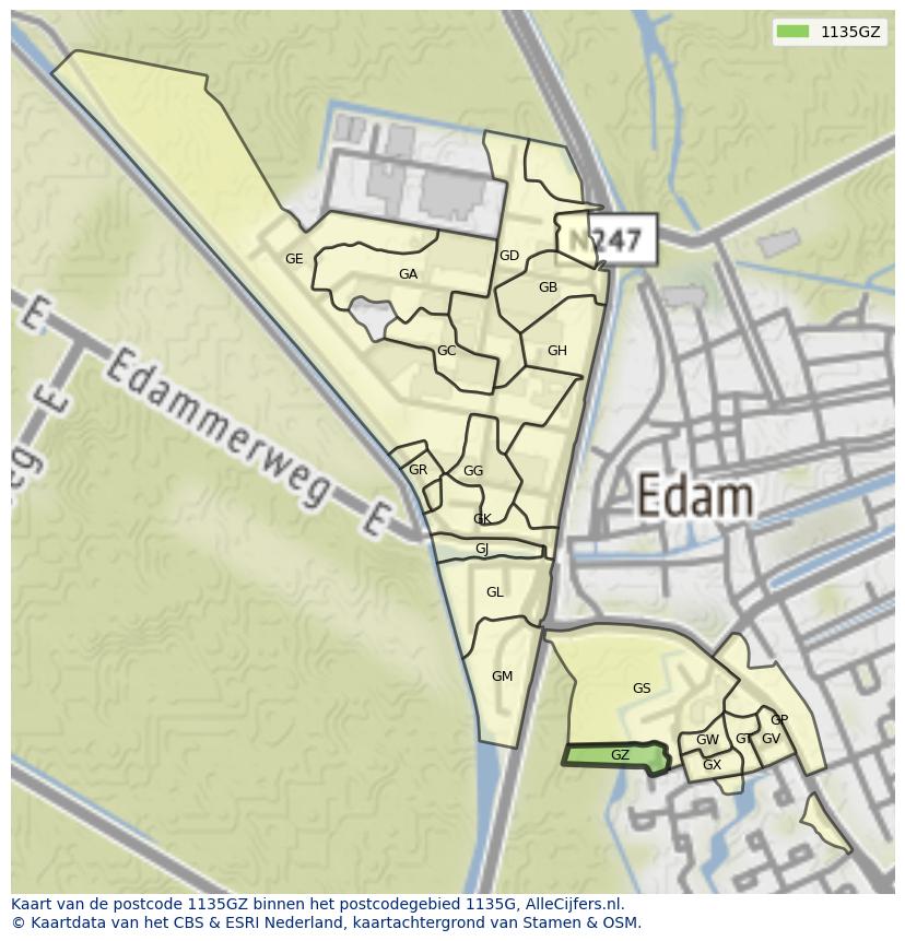 Afbeelding van het postcodegebied 1135 GZ op de kaart.