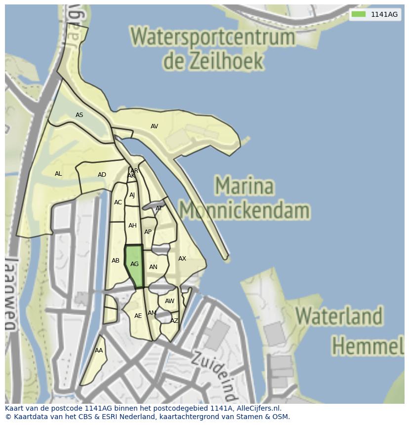 Afbeelding van het postcodegebied 1141 AG op de kaart.