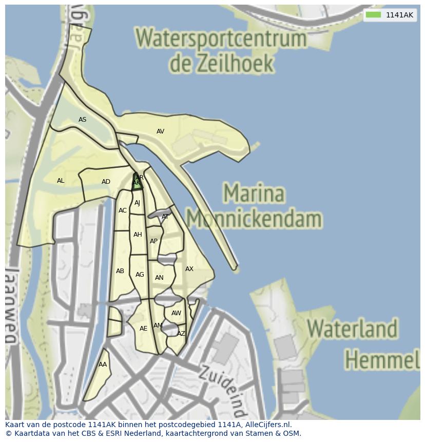 Afbeelding van het postcodegebied 1141 AK op de kaart.