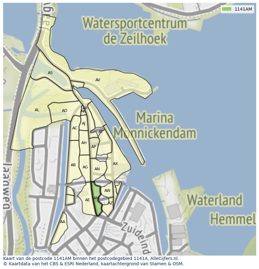 Afbeelding van het postcodegebied 1141 AM op de kaart.