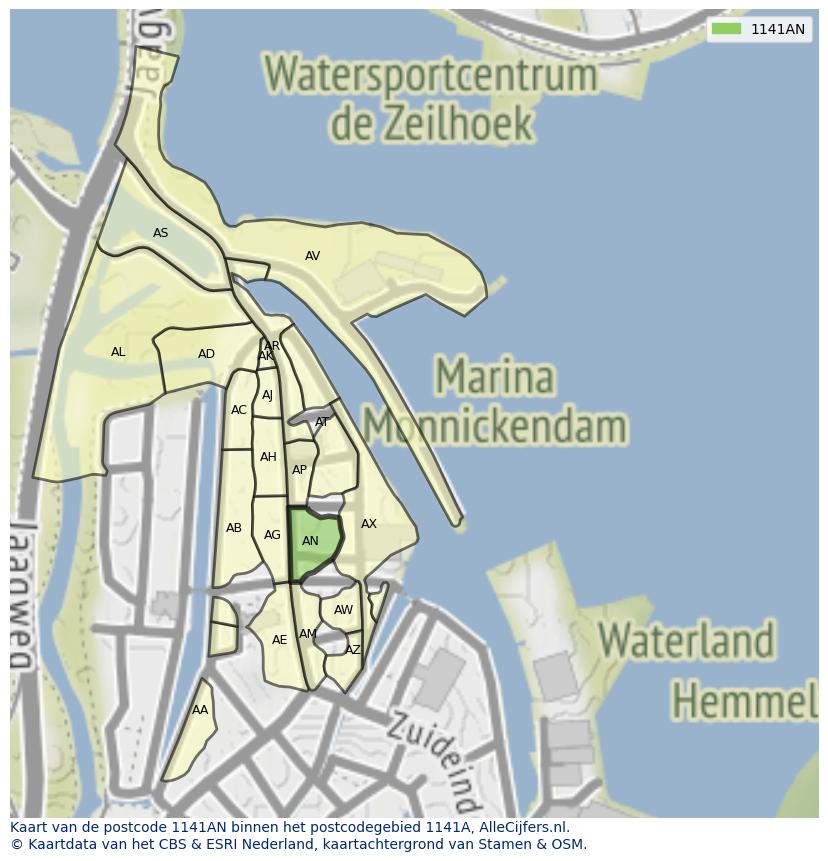 Afbeelding van het postcodegebied 1141 AN op de kaart.