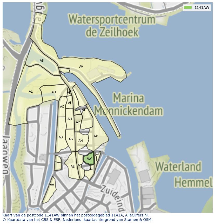 Afbeelding van het postcodegebied 1141 AW op de kaart.