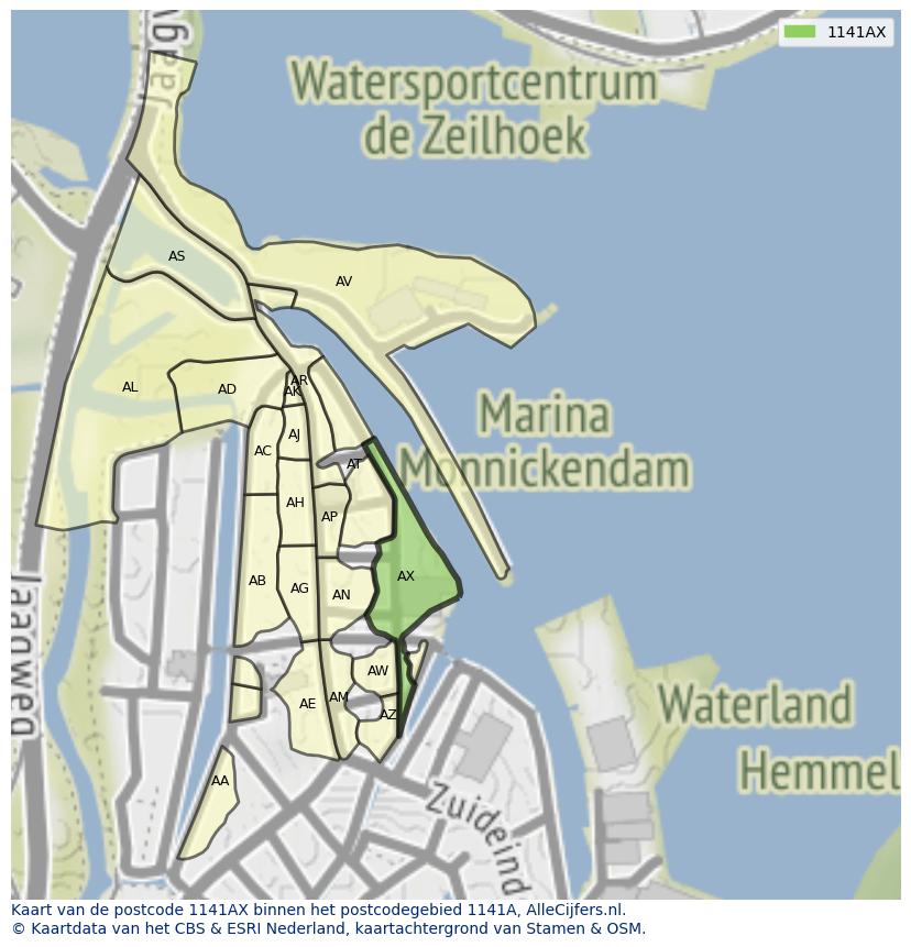 Afbeelding van het postcodegebied 1141 AX op de kaart.