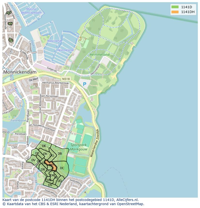 Afbeelding van het postcodegebied 1141 DH op de kaart.