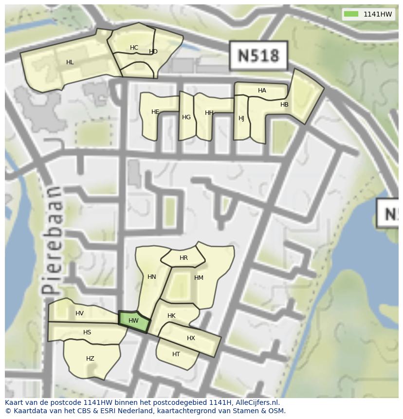 Afbeelding van het postcodegebied 1141 HW op de kaart.