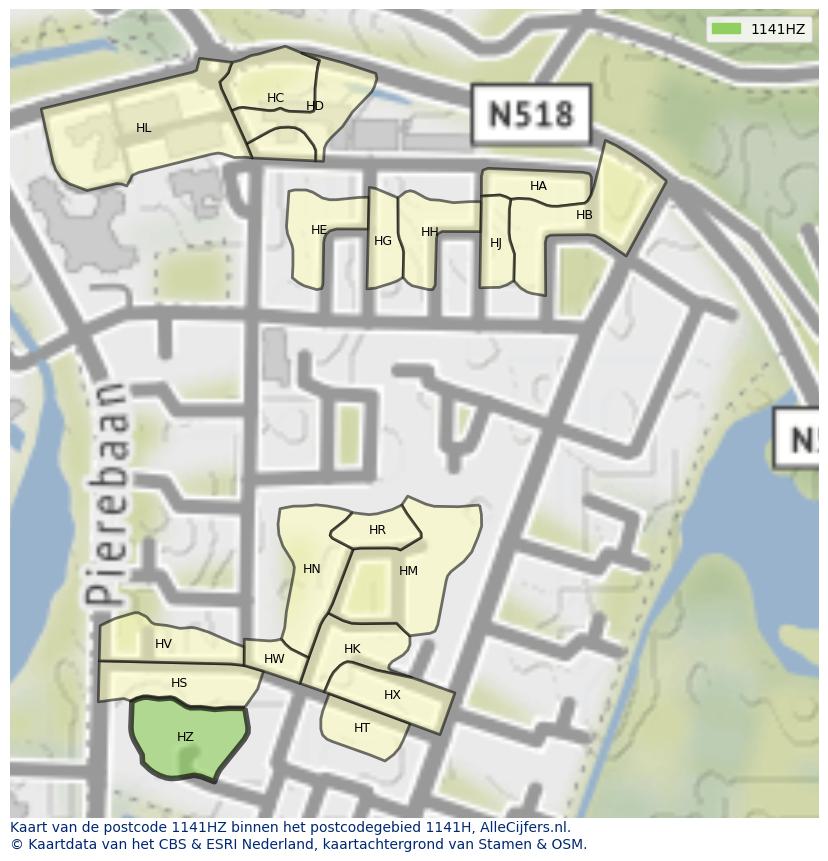 Afbeelding van het postcodegebied 1141 HZ op de kaart.
