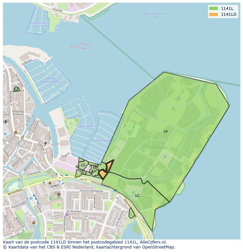 Afbeelding van het postcodegebied 1141 LD op de kaart.