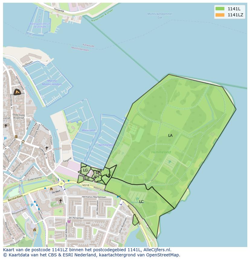 Afbeelding van het postcodegebied 1141 LZ op de kaart.