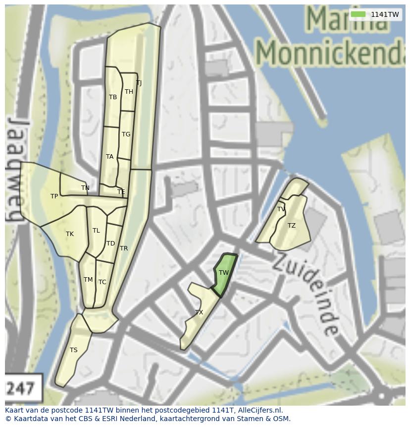 Afbeelding van het postcodegebied 1141 TW op de kaart.