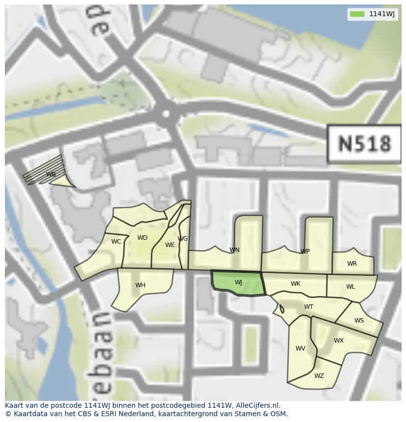 Afbeelding van het postcodegebied 1141 WJ op de kaart.