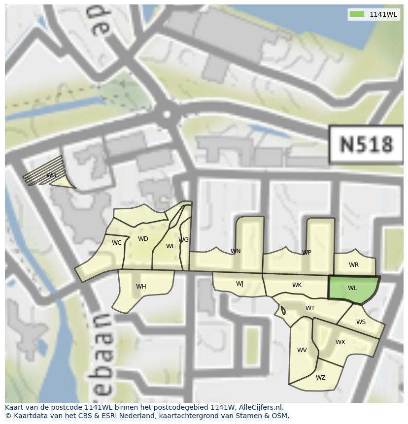 Afbeelding van het postcodegebied 1141 WL op de kaart.