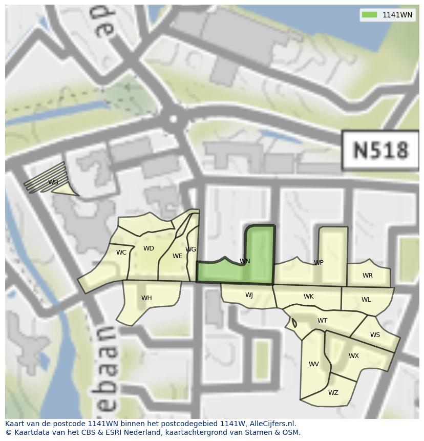 Afbeelding van het postcodegebied 1141 WN op de kaart.