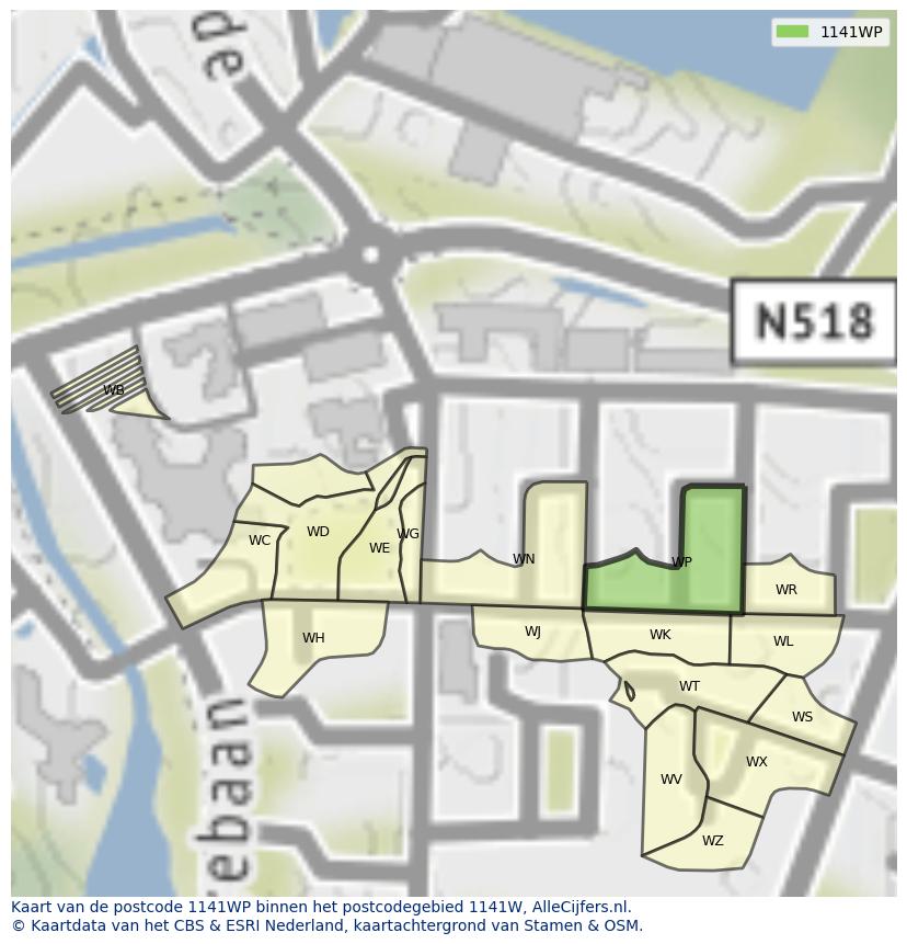 Afbeelding van het postcodegebied 1141 WP op de kaart.