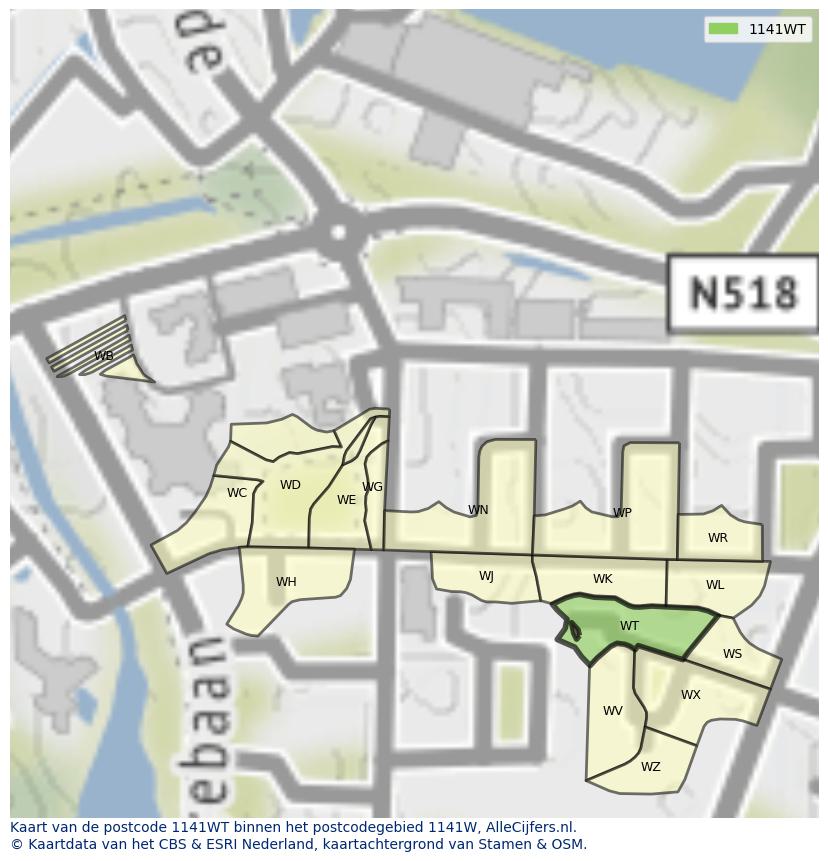 Afbeelding van het postcodegebied 1141 WT op de kaart.