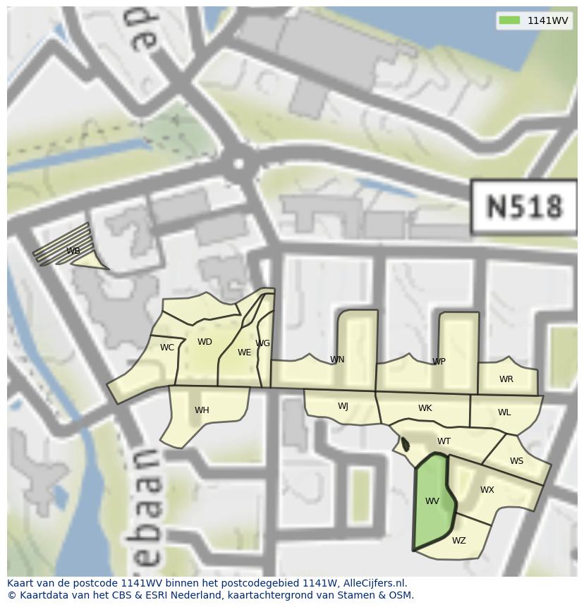 Afbeelding van het postcodegebied 1141 WV op de kaart.