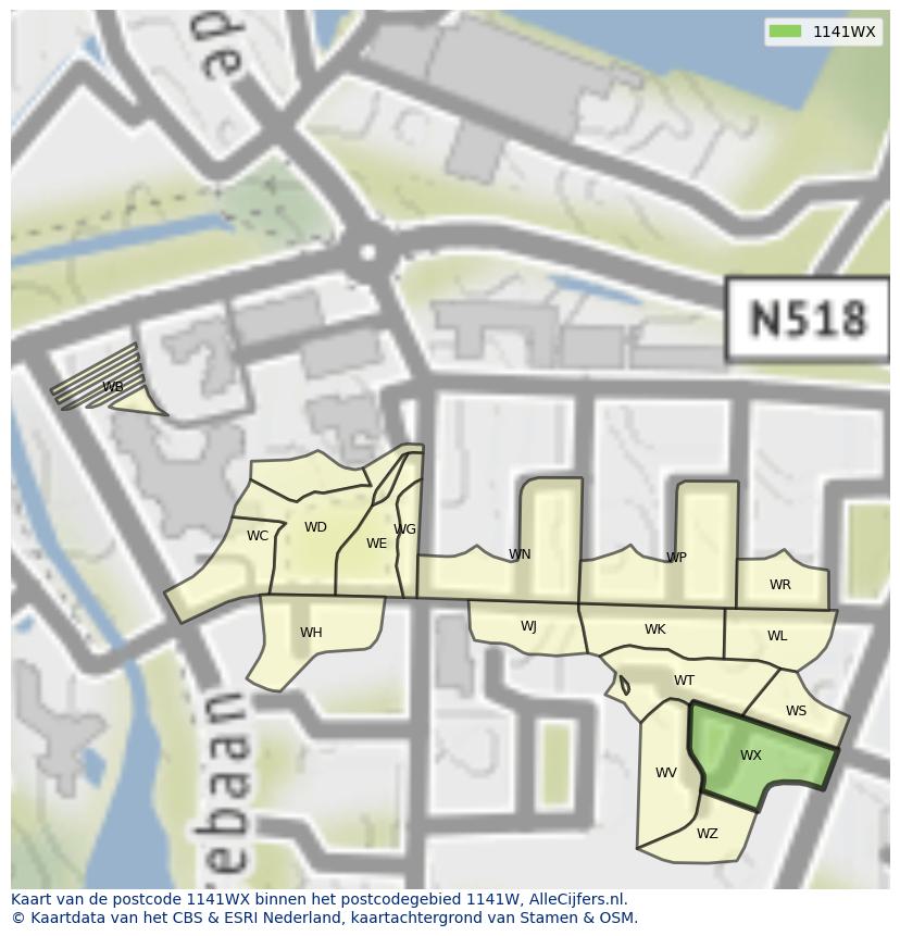 Afbeelding van het postcodegebied 1141 WX op de kaart.