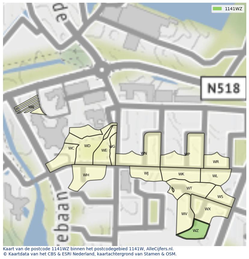 Afbeelding van het postcodegebied 1141 WZ op de kaart.