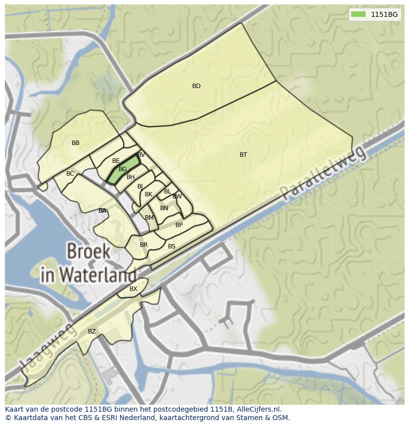 Afbeelding van het postcodegebied 1151 BG op de kaart.