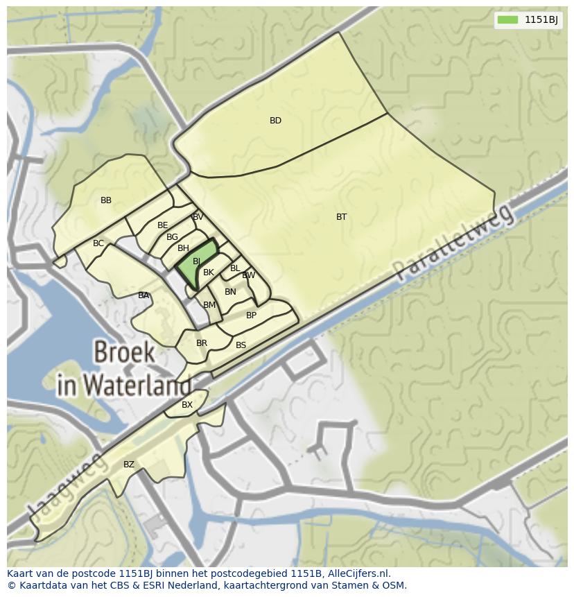 Afbeelding van het postcodegebied 1151 BJ op de kaart.