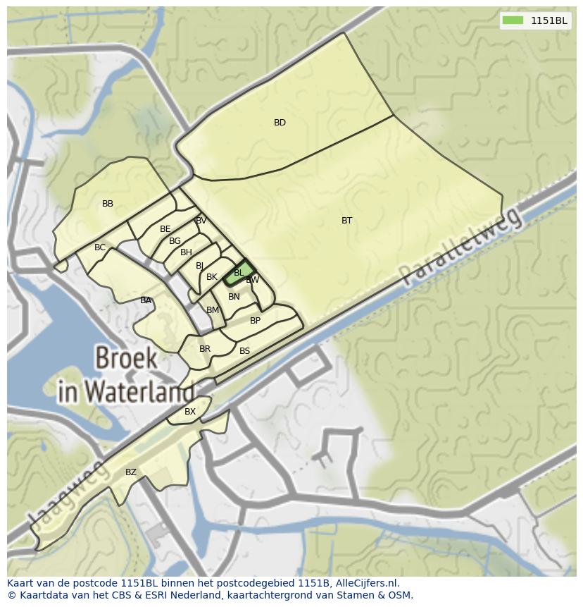 Afbeelding van het postcodegebied 1151 BL op de kaart.