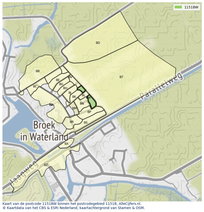Afbeelding van het postcodegebied 1151 BW op de kaart.