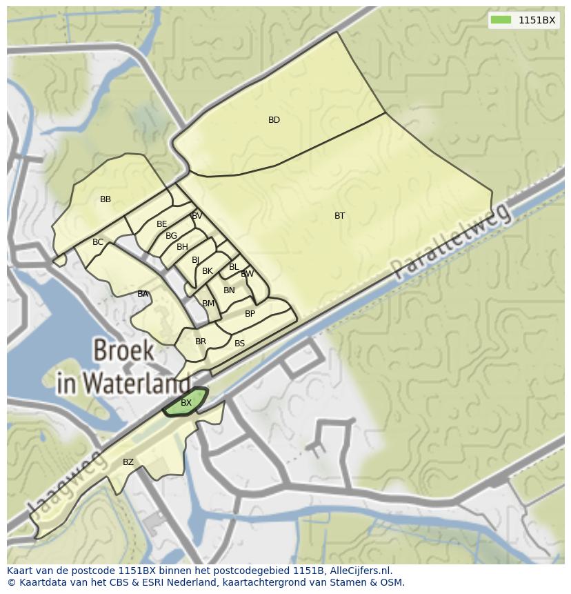 Afbeelding van het postcodegebied 1151 BX op de kaart.