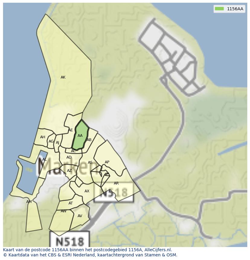 Afbeelding van het postcodegebied 1156 AA op de kaart.