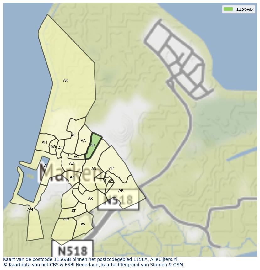 Afbeelding van het postcodegebied 1156 AB op de kaart.