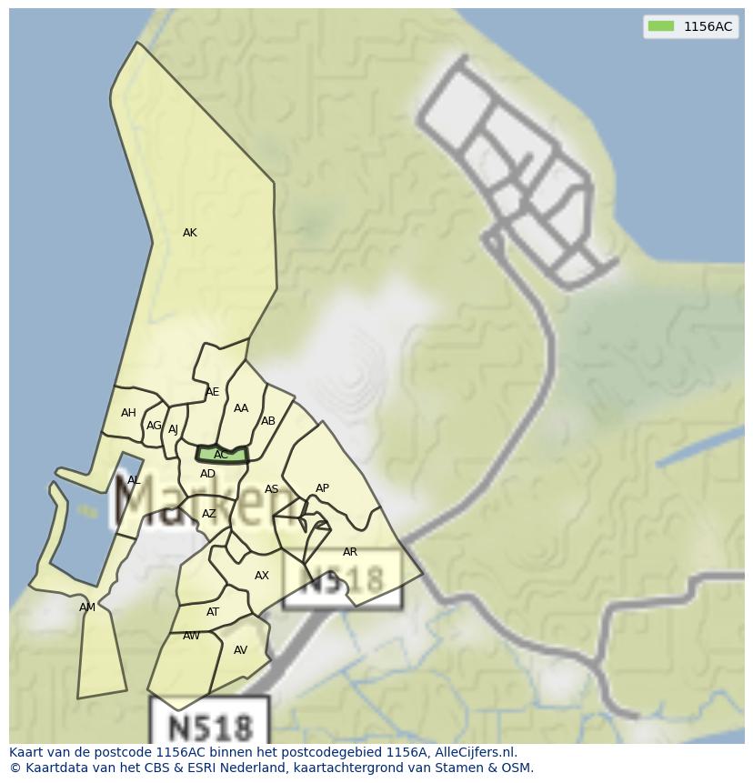 Afbeelding van het postcodegebied 1156 AC op de kaart.