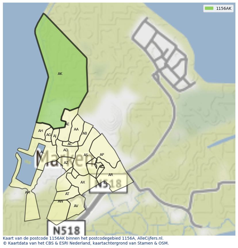 Afbeelding van het postcodegebied 1156 AK op de kaart.