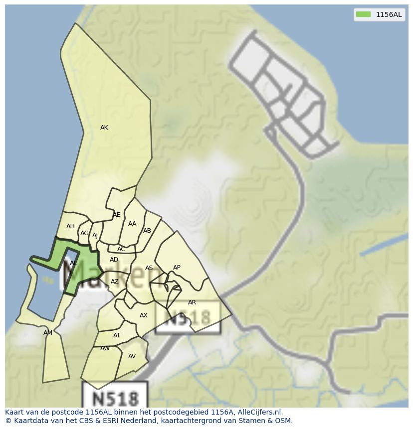 Afbeelding van het postcodegebied 1156 AL op de kaart.