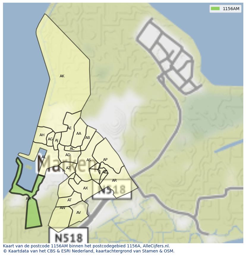 Afbeelding van het postcodegebied 1156 AM op de kaart.