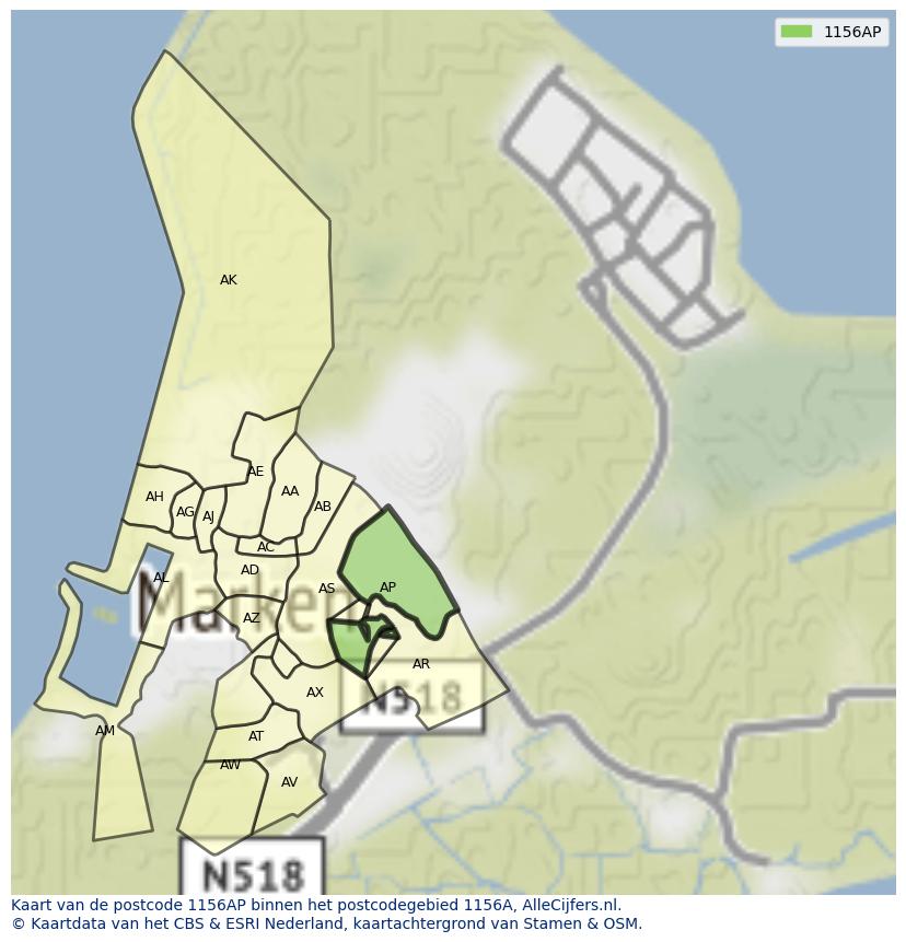 Afbeelding van het postcodegebied 1156 AP op de kaart.