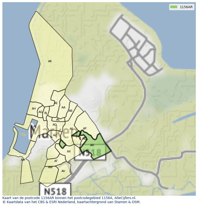 Afbeelding van het postcodegebied 1156 AR op de kaart.