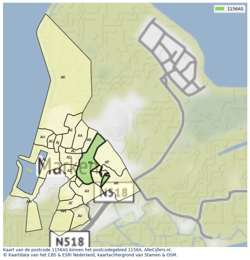 Afbeelding van het postcodegebied 1156 AS op de kaart.