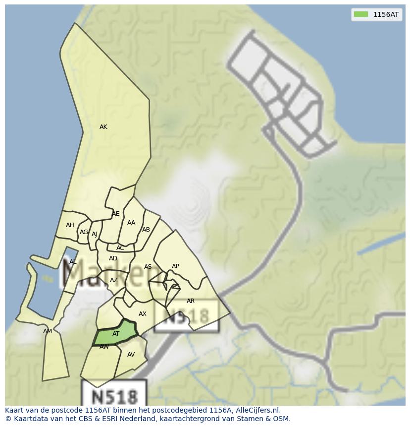 Afbeelding van het postcodegebied 1156 AT op de kaart.