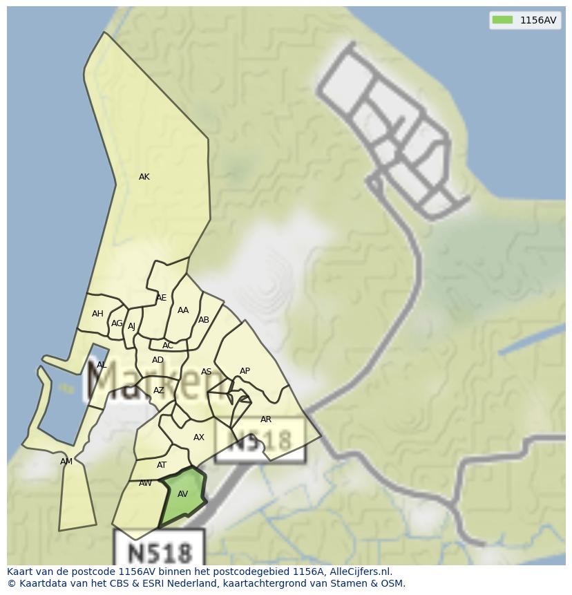 Afbeelding van het postcodegebied 1156 AV op de kaart.