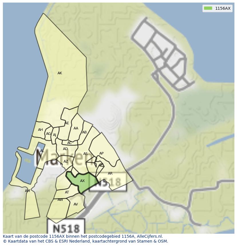 Afbeelding van het postcodegebied 1156 AX op de kaart.