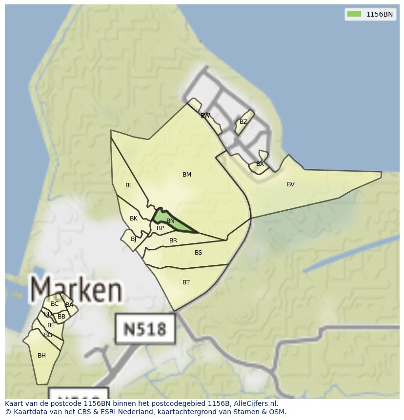 Afbeelding van het postcodegebied 1156 BN op de kaart.