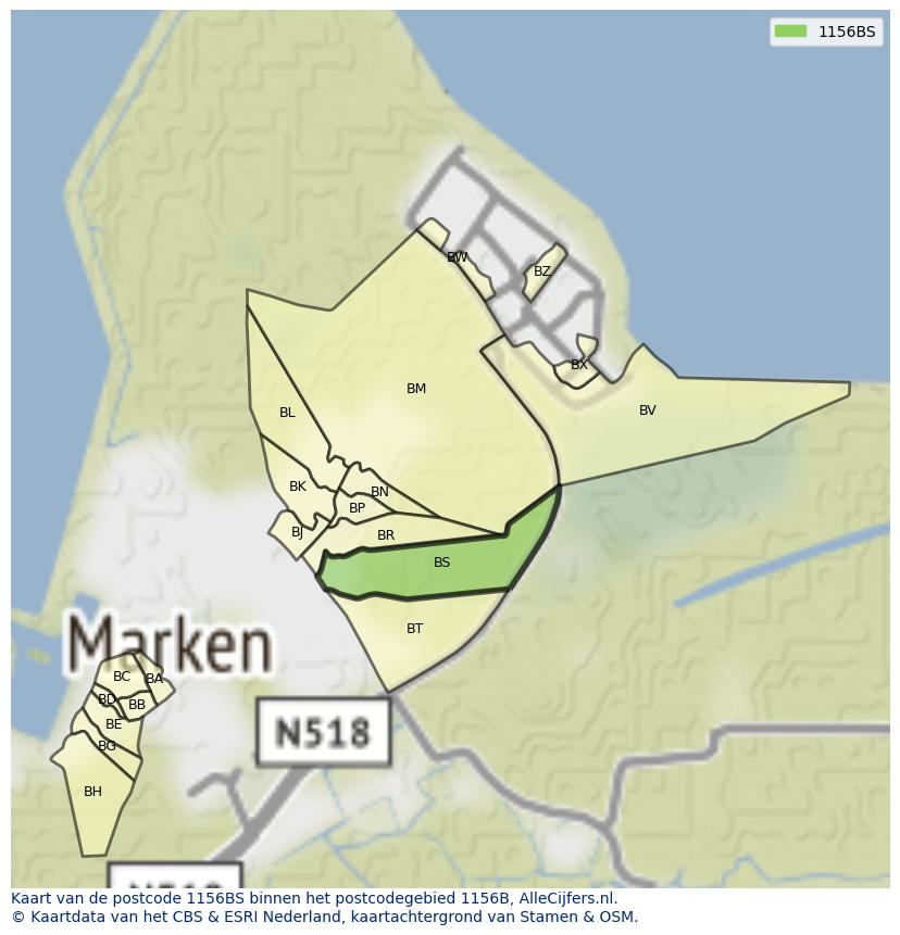 Afbeelding van het postcodegebied 1156 BS op de kaart.