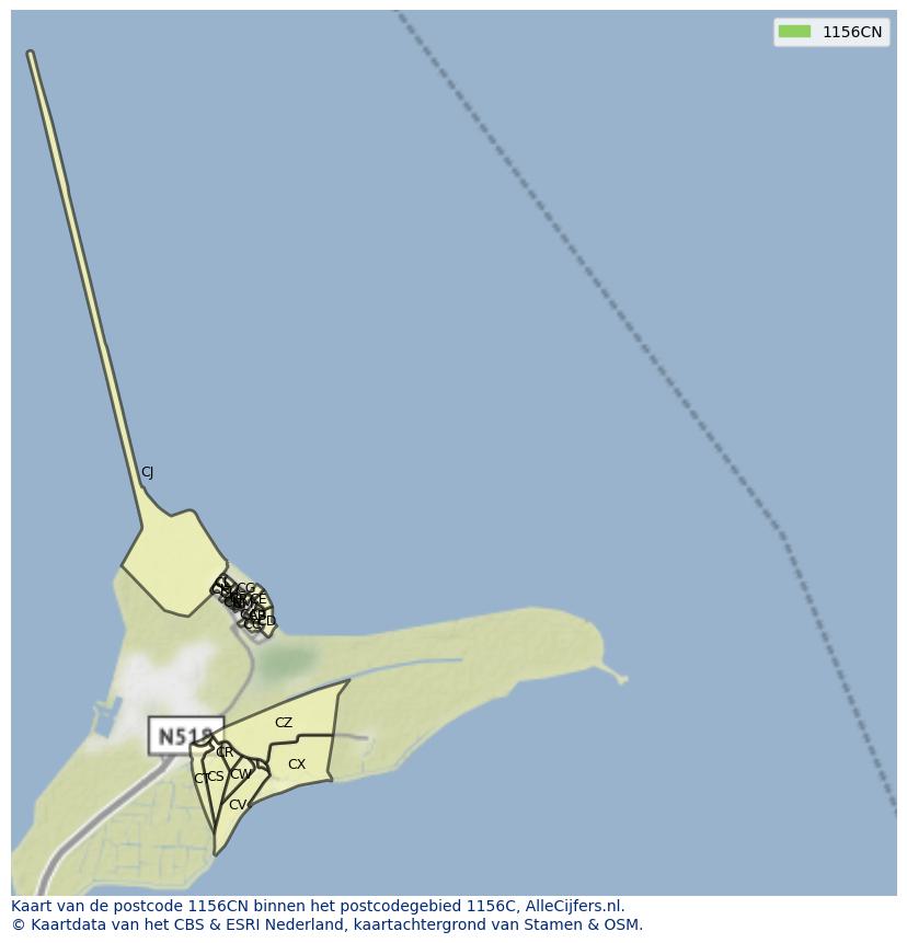 Afbeelding van het postcodegebied 1156 CN op de kaart.