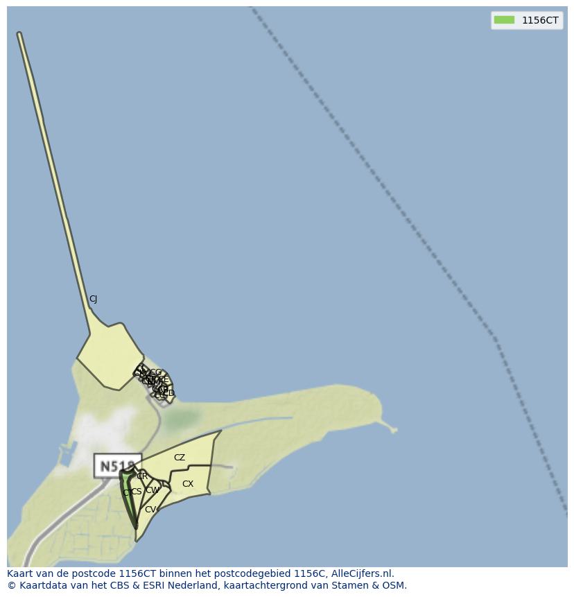 Afbeelding van het postcodegebied 1156 CT op de kaart.